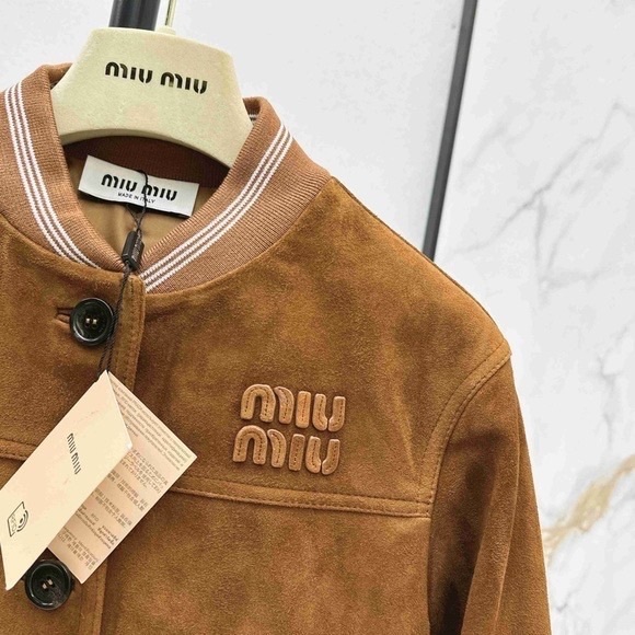 Miu Miu Brown Suede Cropped Bomber Jacket Logo Button Front Pockets - Picture 8 of 8